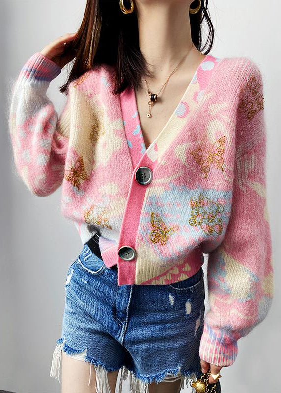 WW | Pink V-neck Button Patchwork Cotton Knit Coats Long Sleeve