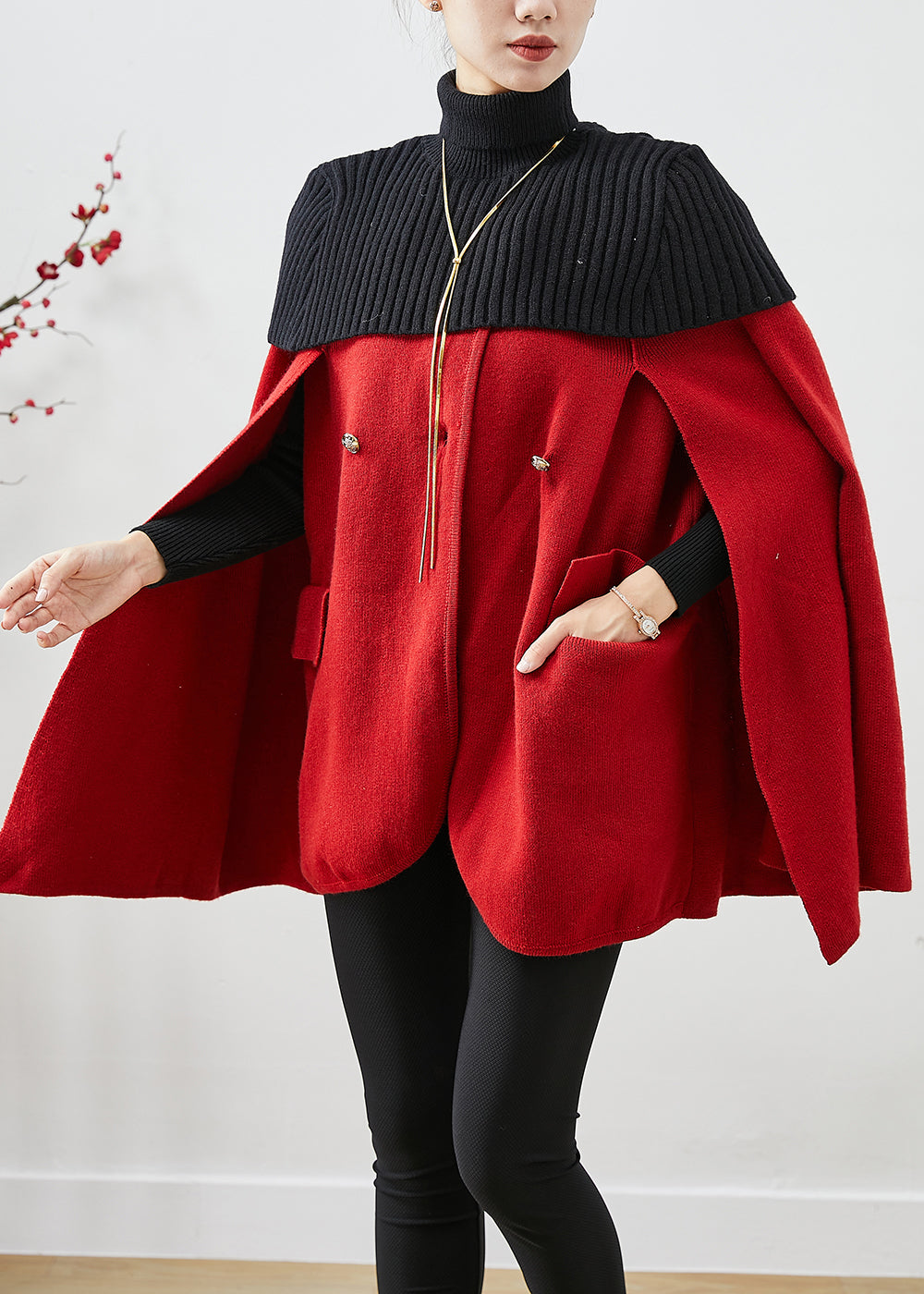 WW | Red High Neck Knit Patchwork Wool Coats Cape Sleeves