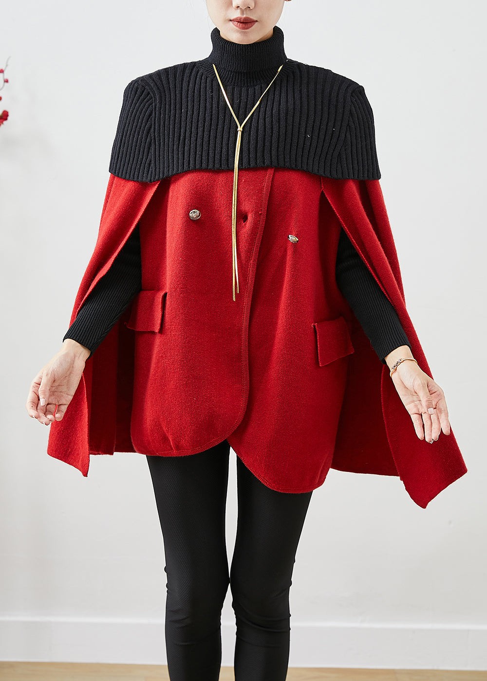 WW | Red High Neck Knit Patchwork Wool Coats Cape Sleeves