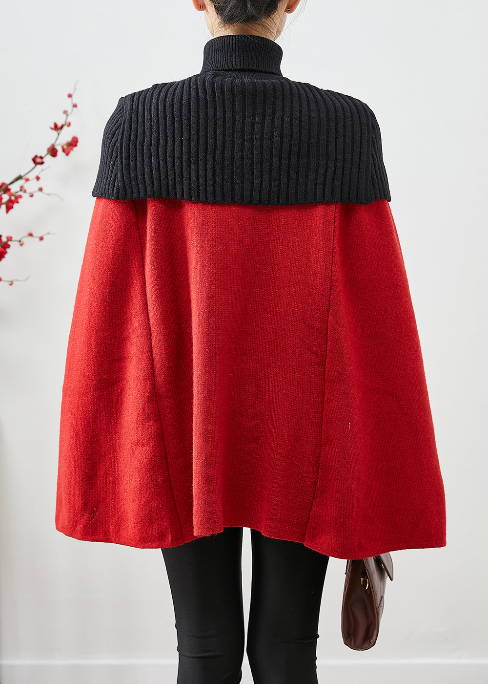 WW | Red High Neck Knit Patchwork Wool Coats Cape Sleeves