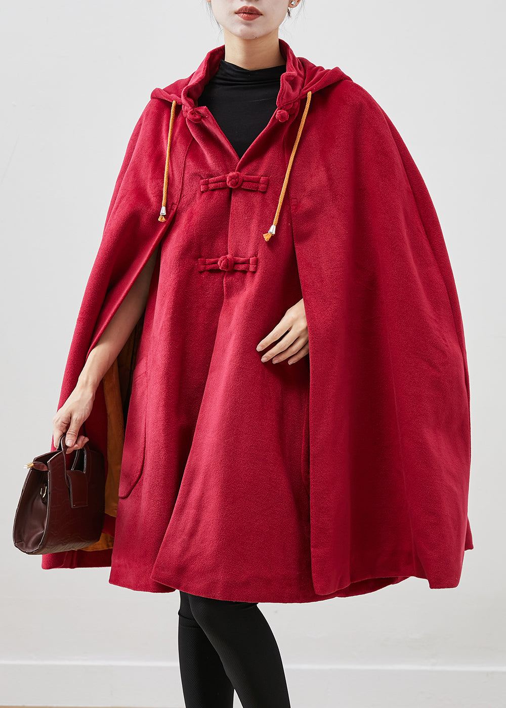 WW | Red Hooded Chinese Button Warm Fleece Coats Cape Sleeves