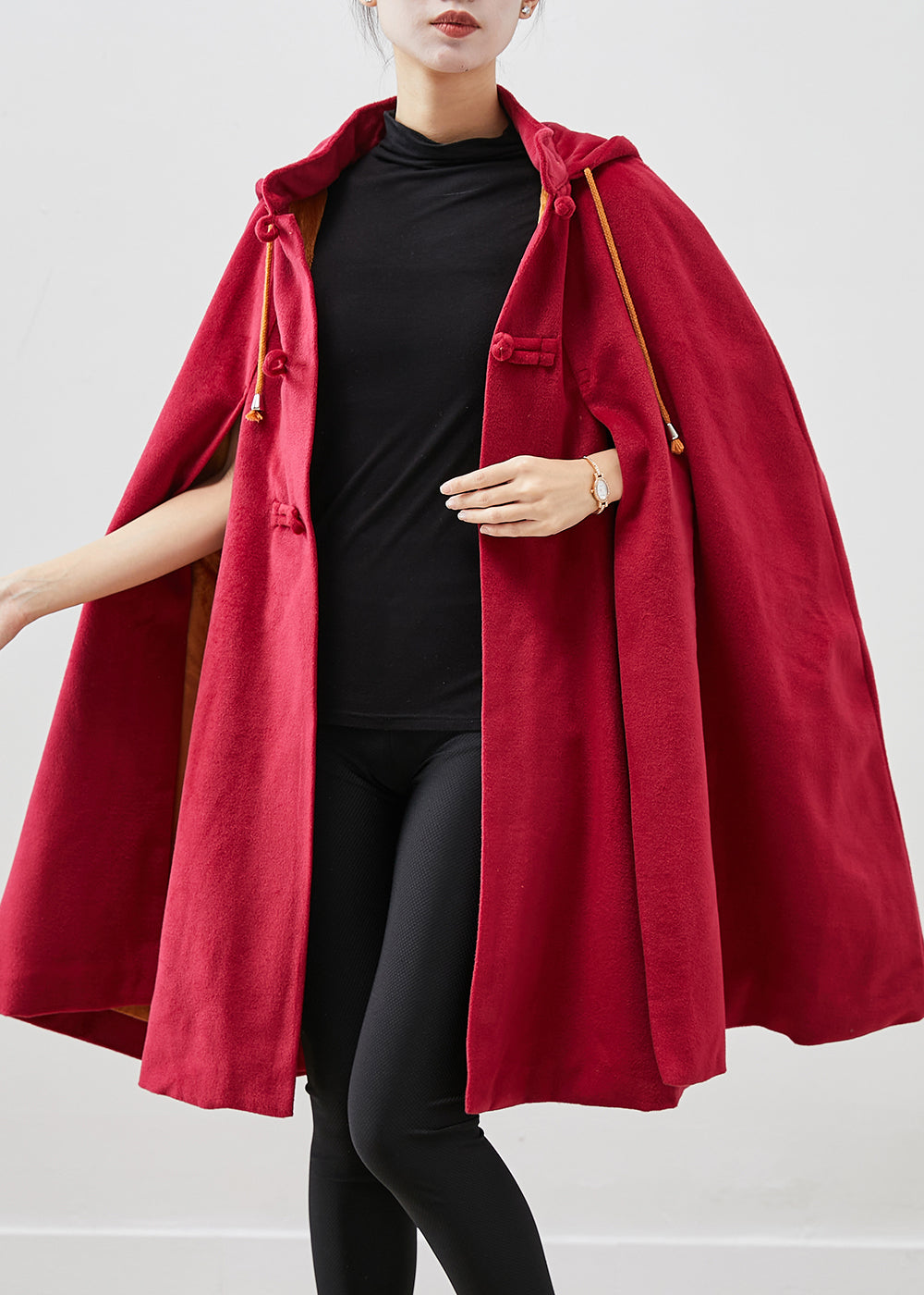 WW | Red Hooded Chinese Button Warm Fleece Coats Cape Sleeves
