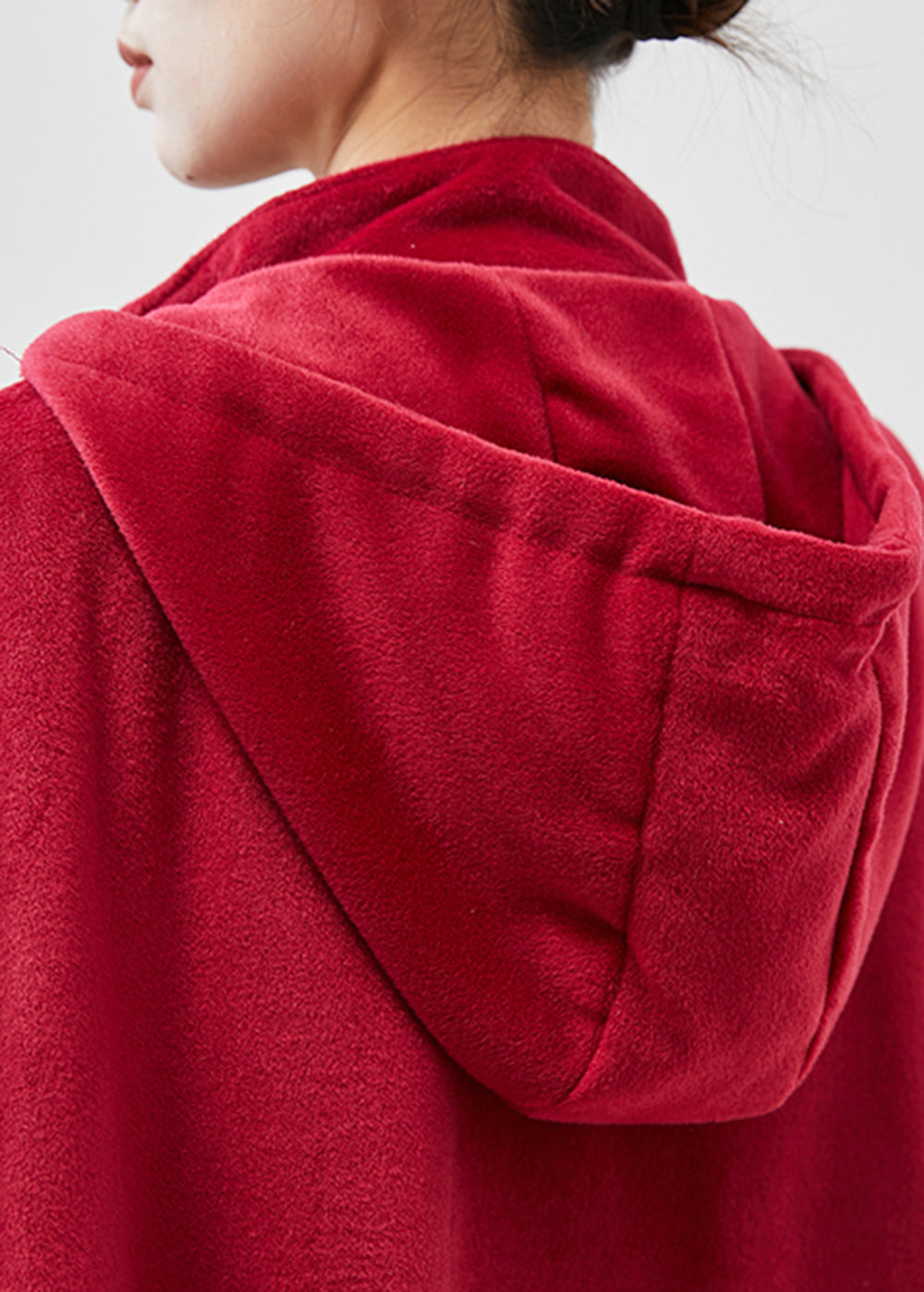 WW | Red Hooded Chinese Button Warm Fleece Coats Cape Sleeves
