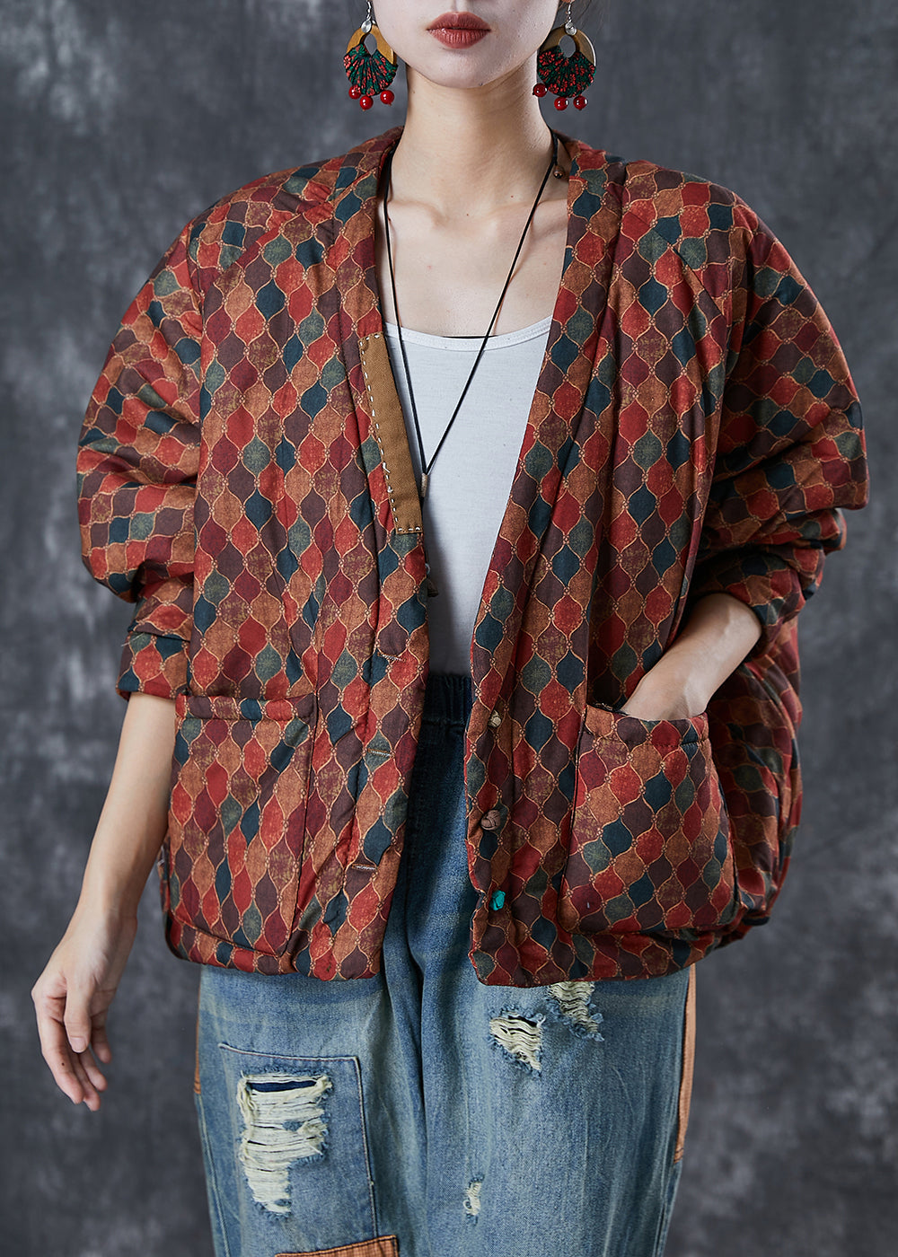 WW | Red Oversized Print Fine Cotton Padded Puffer Jackets Winter