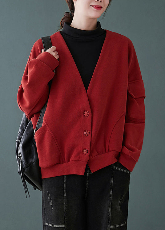 WW | Rote V-Ausschnitt Knopf Taschen Patchwork Baumwolle Mäntel