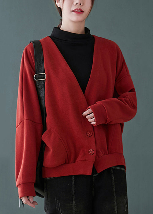 WW | Rote V-Ausschnitt Knopf Taschen Patchwork Baumwolle Mäntel
