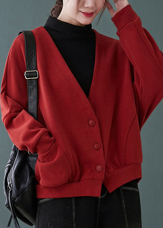 WW | Rote V-Ausschnitt Knopf Taschen Patchwork Baumwolle Mäntel