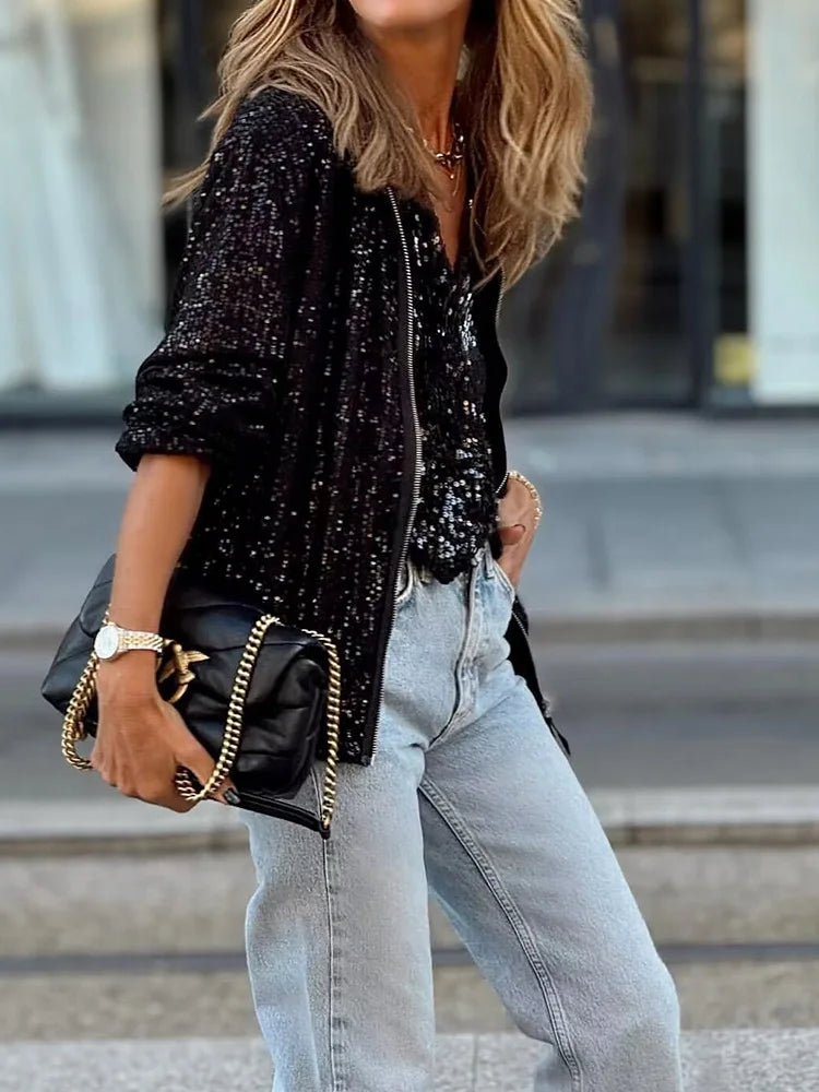 WW | Sequin Embellished Crew Neck Loungewear Jacket