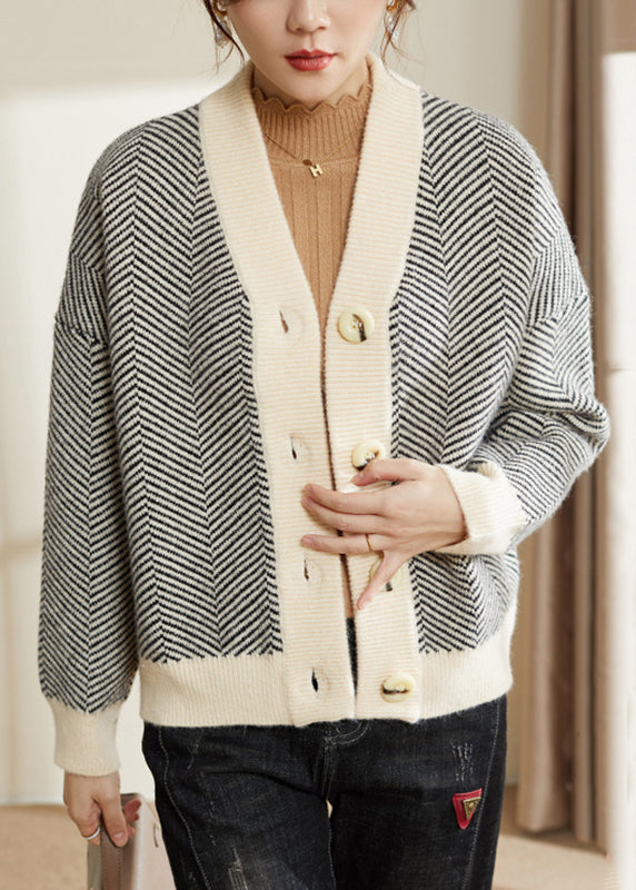 WW | Striped V-neck Button Patchwork Knit Coats