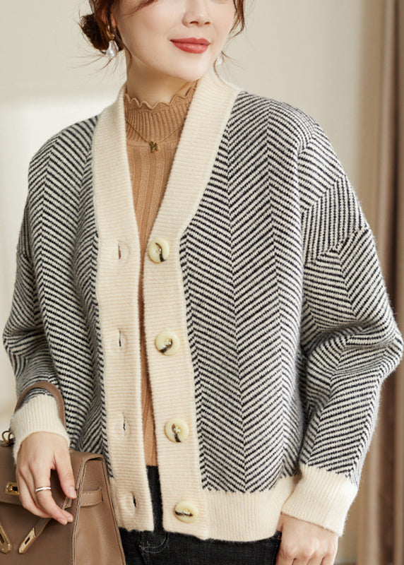 WW | Striped V-neck Button Patchwork Knit Coats