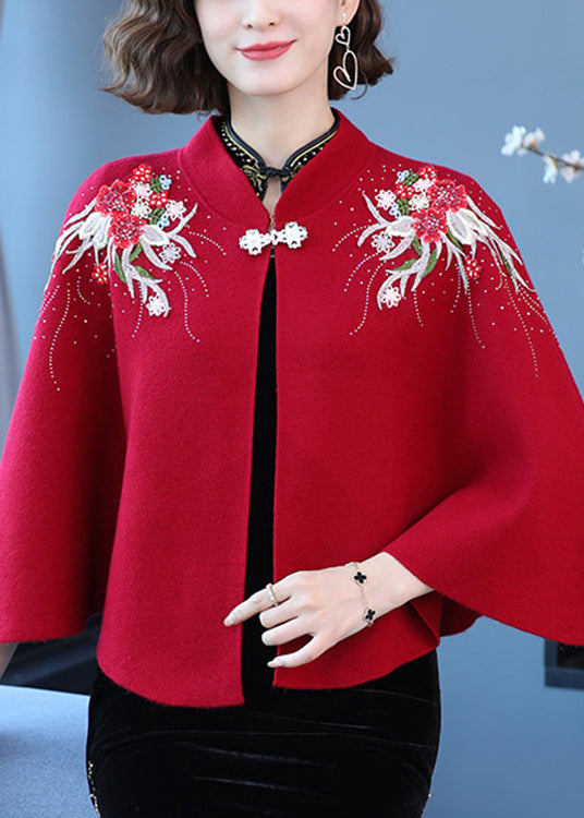 WW | Burgundy Stand-Up Collar Embroidered Patchwork Wool Coats
