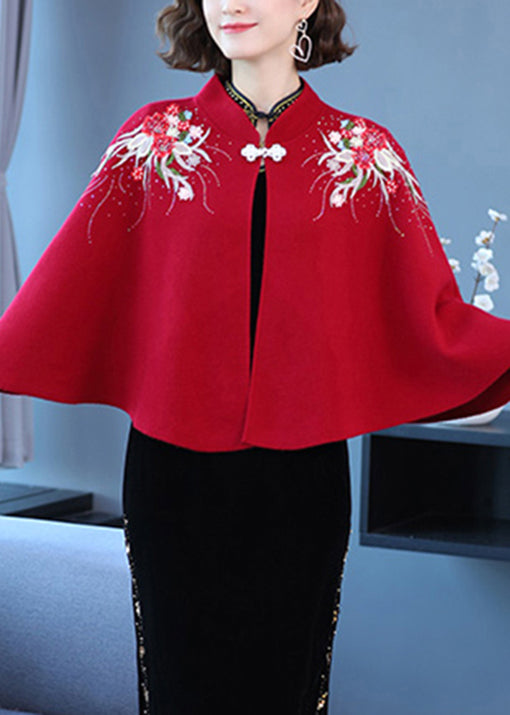 WW | Burgundy Stand-Up Collar Embroidered Patchwork Wool Coats
