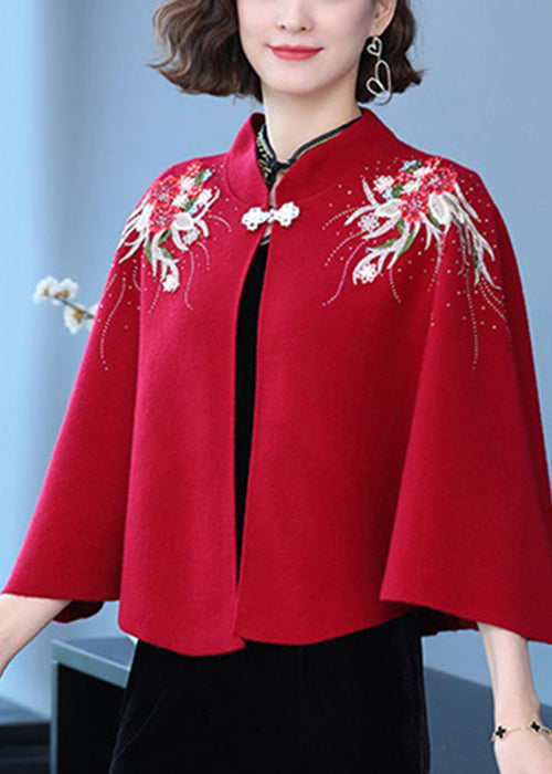 WW | Burgundy Stand-Up Collar Embroidered Patchwork Wool Coats