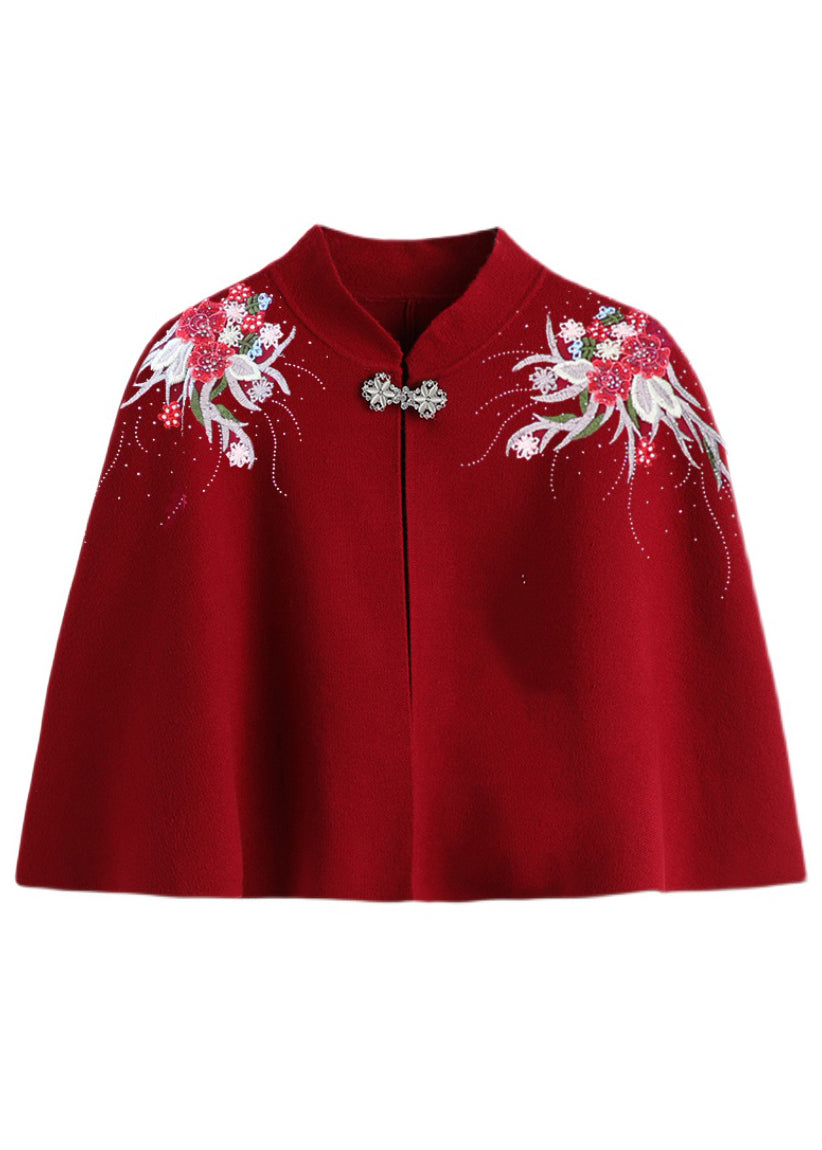 WW | Burgundy Stand-Up Collar Embroidered Patchwork Wool Coats