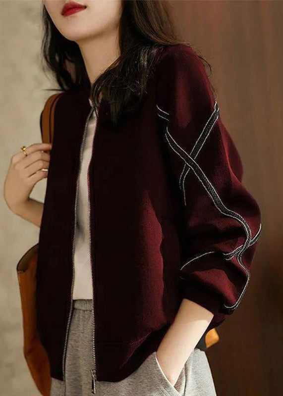 WW | Wine Red Zipper Patchwork Cotton Coats