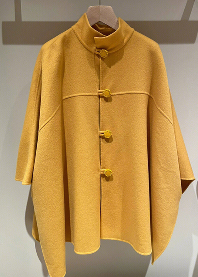 WW | Yellow Stand Button Patchwork Wool Cape Coat