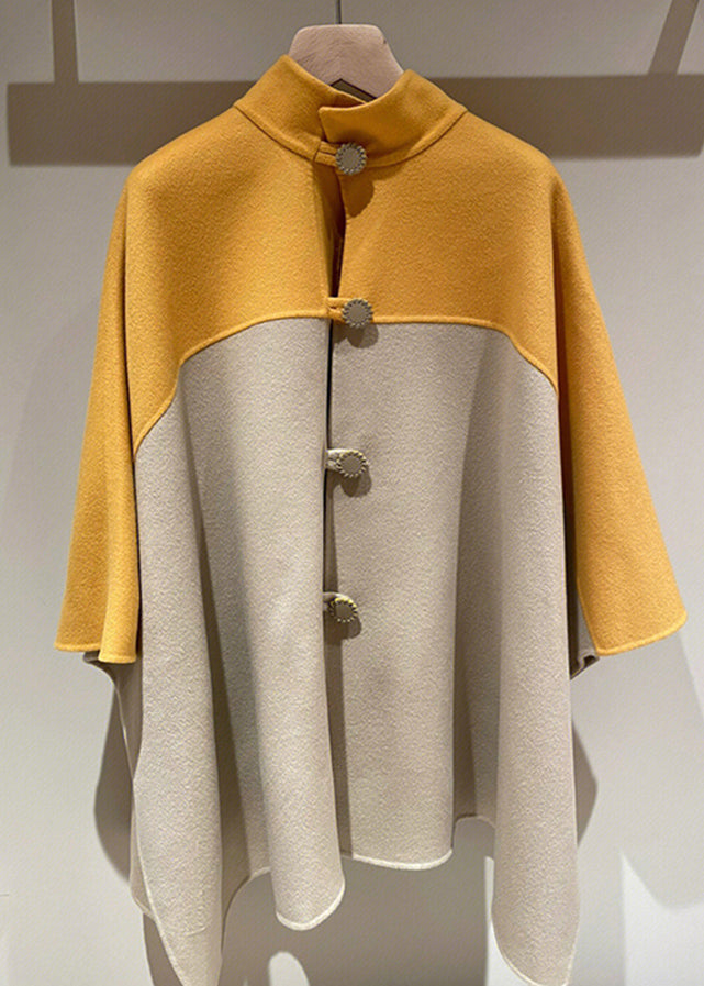 WW | Yellow Stand Button Patchwork Wool Cape Coat