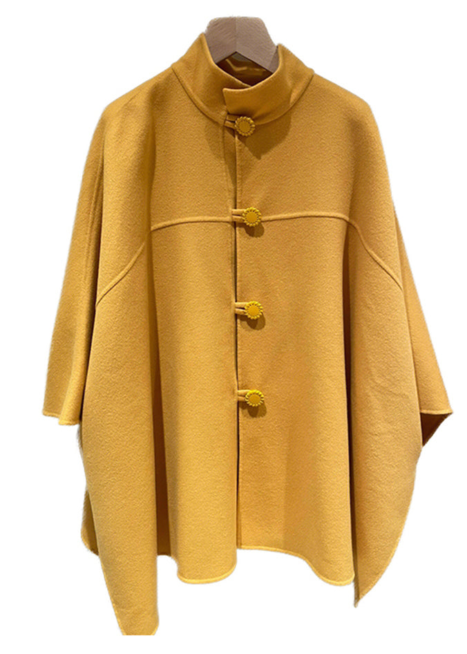 WW | Yellow Stand Button Patchwork Wool Cape Coat