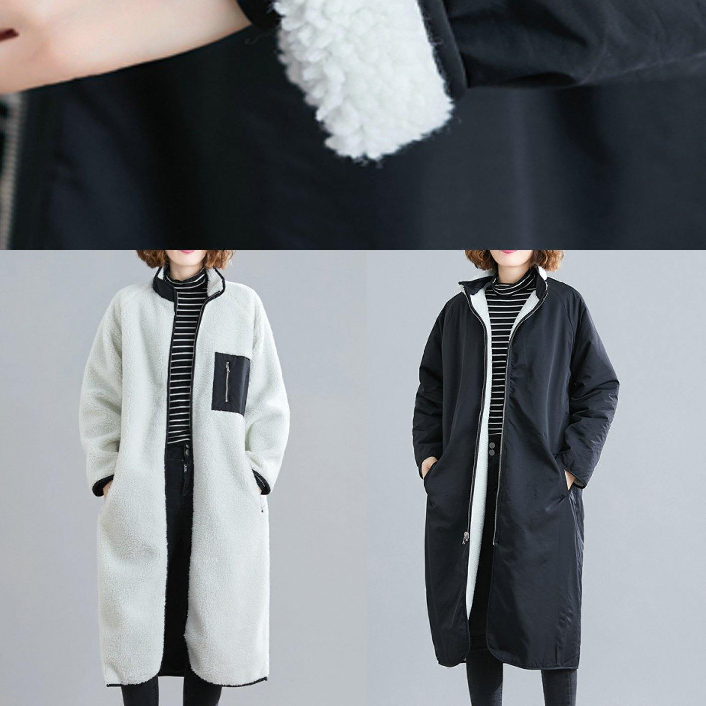 WW | Black Plus Size Casual Coats Fabrics with Zipper Patchwork Outwears