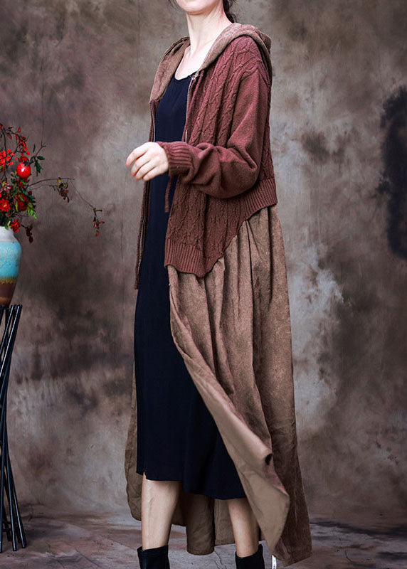 WW | Chocolate Zipper Drawstring Hooded Patchwork Knit Coats