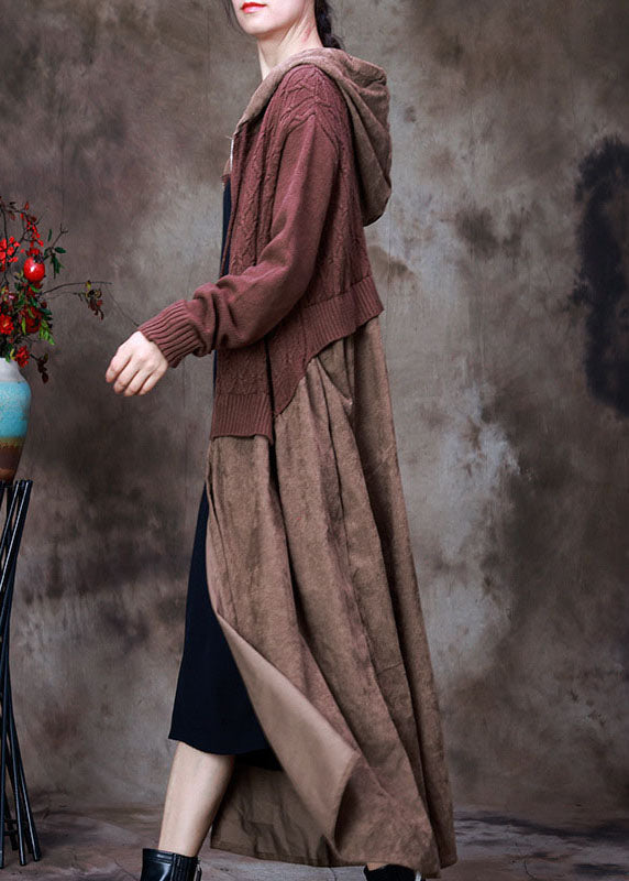 WW | Chocolate Zipper Drawstring Hooded Patchwork Knit Coats