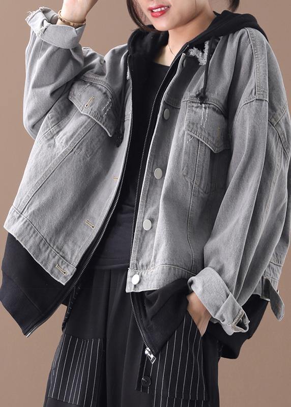 WW | denim blue patchwork black fine tunic hooded pockets coat