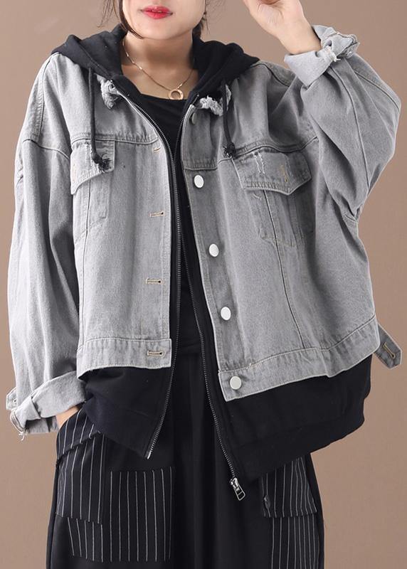 WW | denim blue patchwork black fine tunic hooded pockets coat