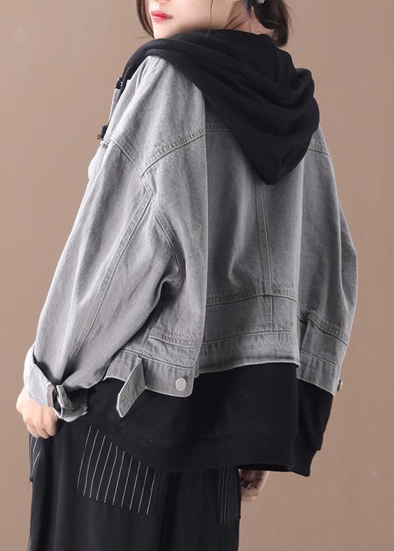 WW | denim blue patchwork black fine tunic hooded pockets coat