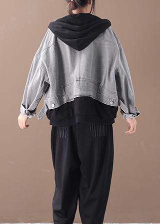 WW | denim blaue Patchwork schwarze feine Tunika Mäntel mit Kapuze Taschen Mantel