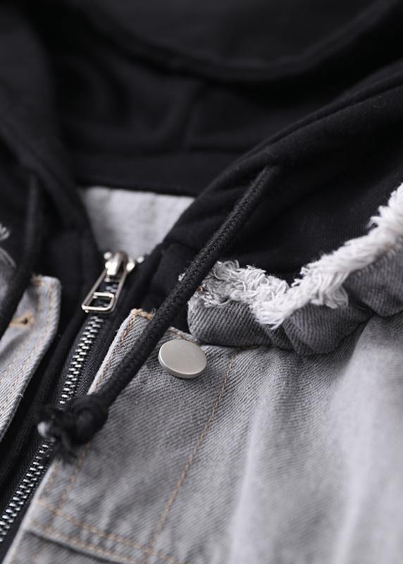 WW | denim blue patchwork black fine tunic hooded pockets coat