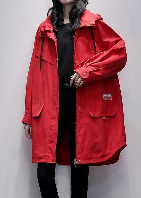 WW | Hooded Zipper Crane Coats Red Letter Midi Outwear