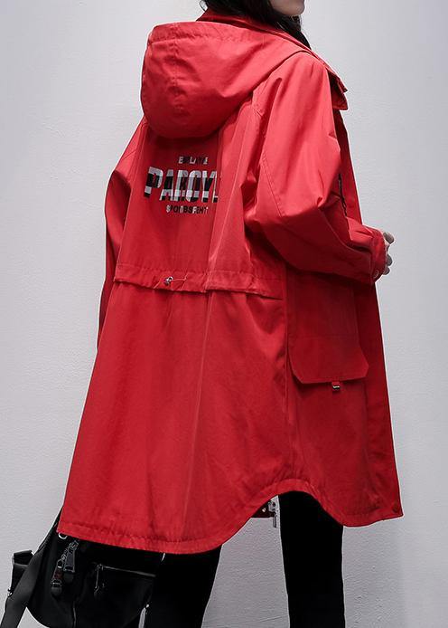 WW | Hooded Zipper Crane Coats Red Letter Midi Outwear