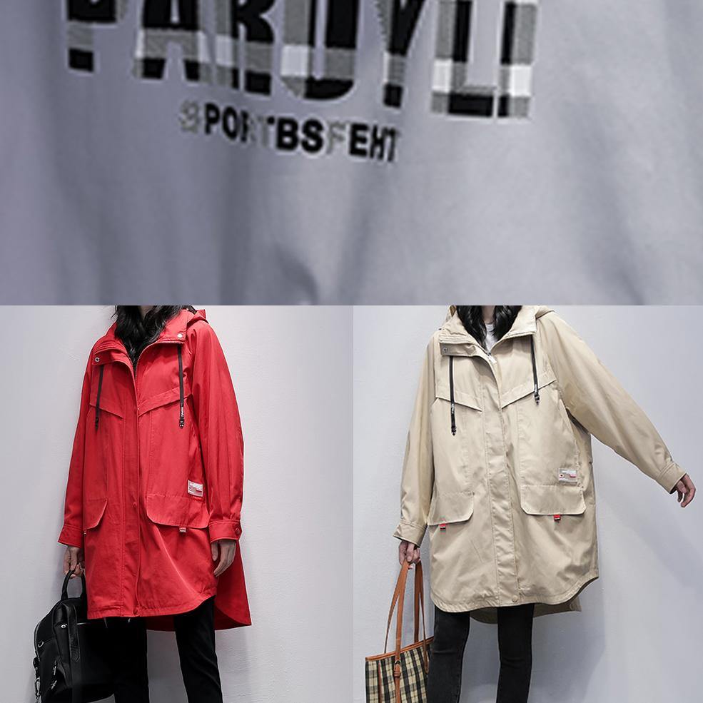 WW | Hooded Zipper Crane Coats Red Letter Midi Outwear