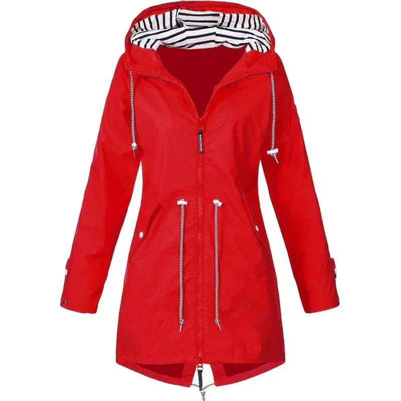 Rain jacket with hood and outer pockets
