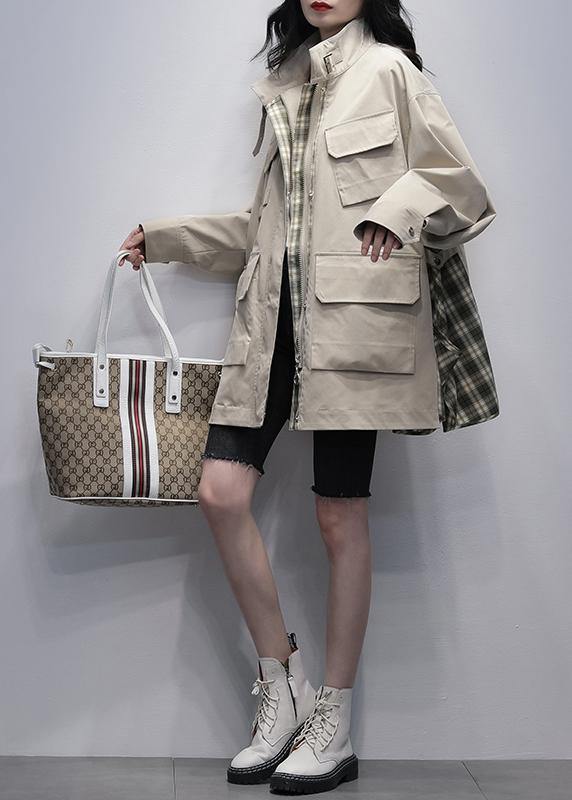 WW | Stand Collar Pockets Casual Coats Khaki Patchwork Plaid Jackets