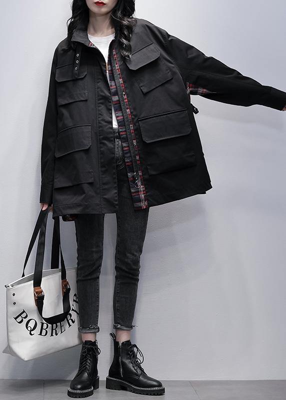WW | Stand Collar Pockets Casual Coats Khaki Patchwork Plaid Jackets
