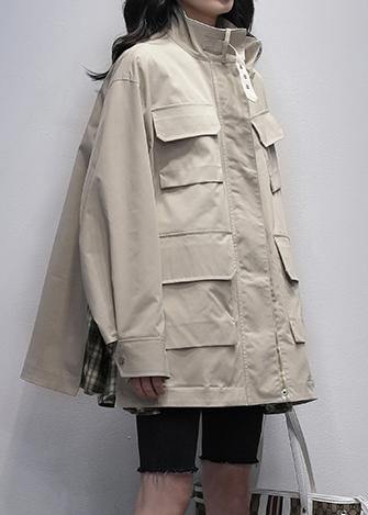 WW | Stand Collar Pockets Casual Coats Khaki Patchwork Plaid Jackets