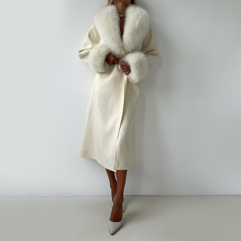 WW | Wool Blend Straight Fit Coat - Belted Fur Collar Cuffs Coat