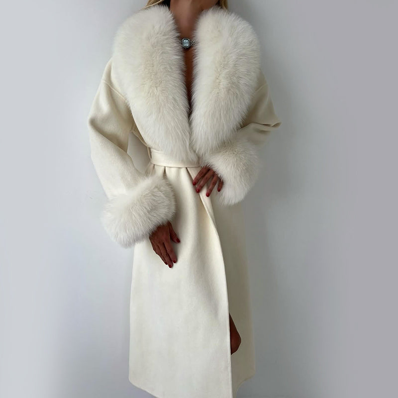 WW | Wool Blend Straight Fit Coat - Belted Fur Collar Cuffs Coat