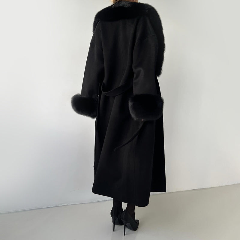 WW | Wool Blend Straight Fit Coat - Belted Fur Collar Cuffs Coat