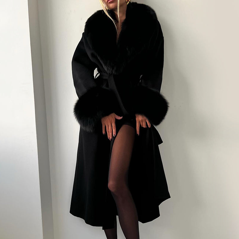 WW | Wool Blend Straight Fit Coat - Belted Fur Collar Cuffs Coat