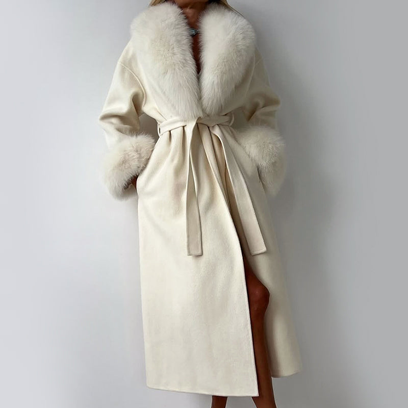 WW | Wool Blend Straight Fit Coat - Belted Fur Collar Cuffs Coat