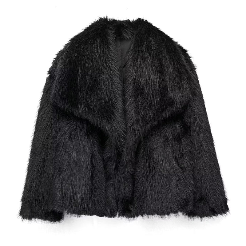 WW | Faux Fur Relaxed Fit Coat - Oversized Collar Hip-Length Coat