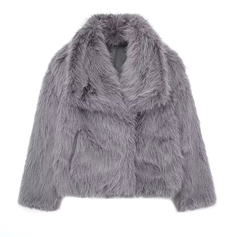 WW | Faux Fur Relaxed Fit Coat - Oversized Collar Hip-Length Coat