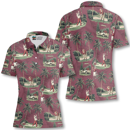 WW | Damen Bordeauxrot Santa Golf spielend Weihnachts Golf Polo Shirts