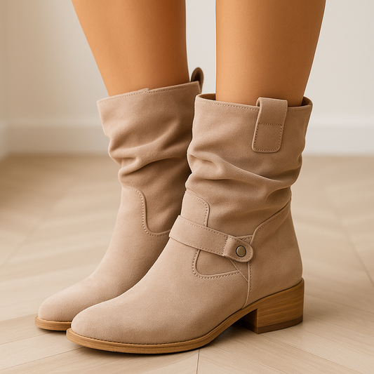 WW | Stylische schwarze Wildlederknielange Stiefel für Frauen – Modischer gefältelter Schaft und bequeme Sohle