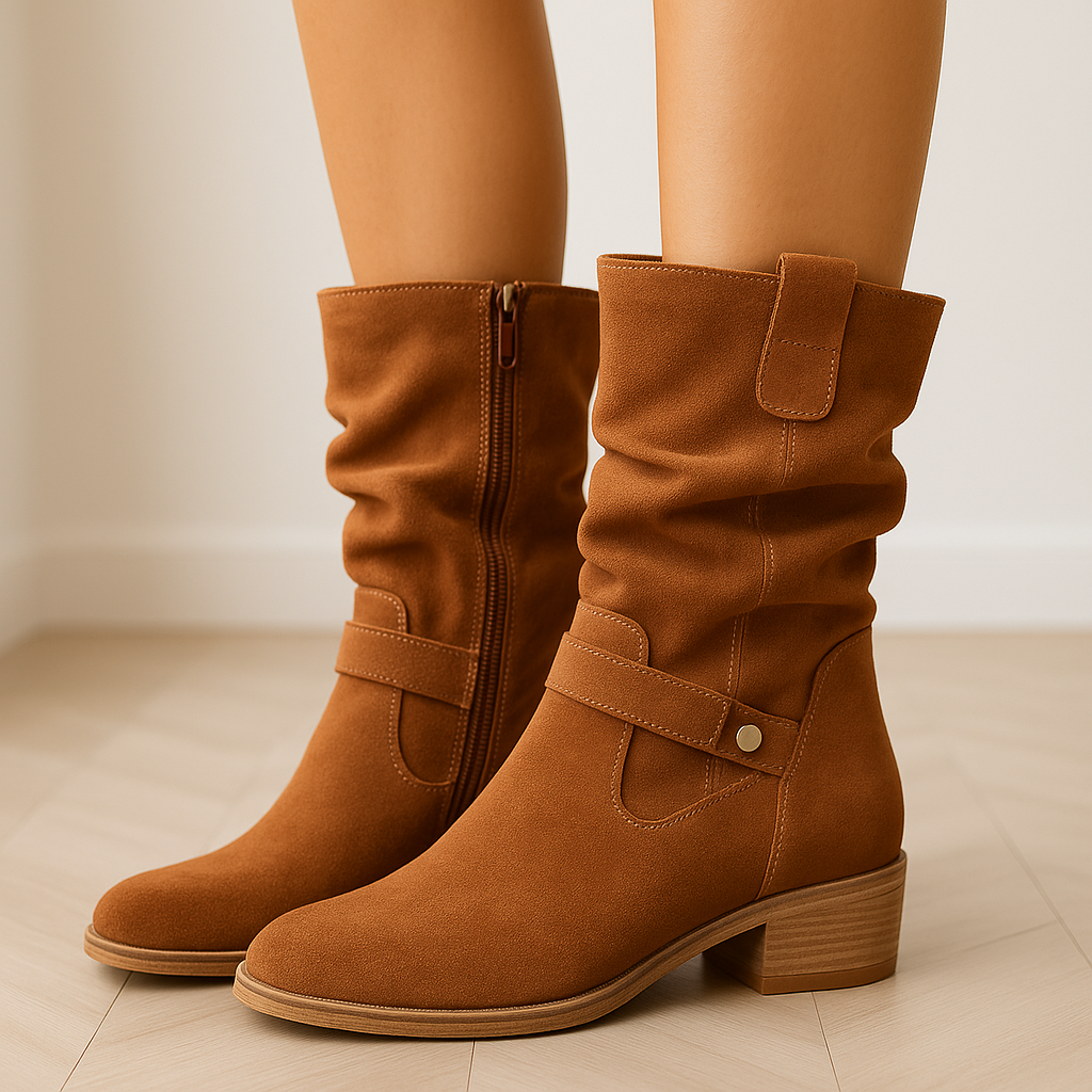 WW | Stylish Black Suede Knee-High Boots for Women - Fashionable Ruched Shaft and Comfortable Sole