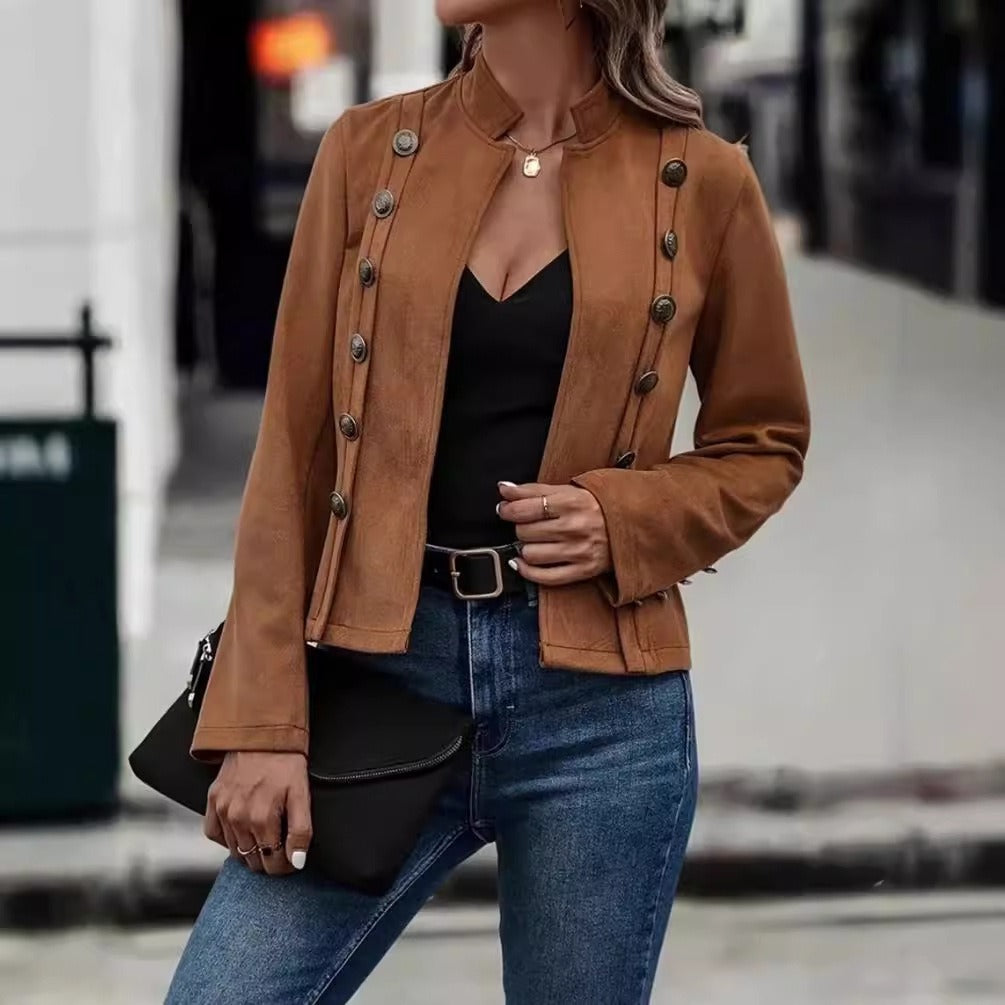 WW | Doppelreiher Samtjacke mit Mandarin-Kragen - Retro-Stil, weicher Hirschledertextur