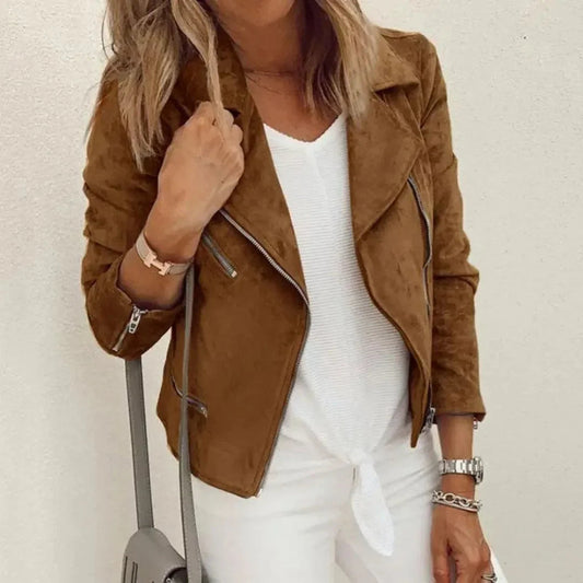 WW | Faux Suede Motorradjacke mit asymmetrischem Reißverschluss und Reißverschlusstaschen - Taillierte Passform WW | Mantel