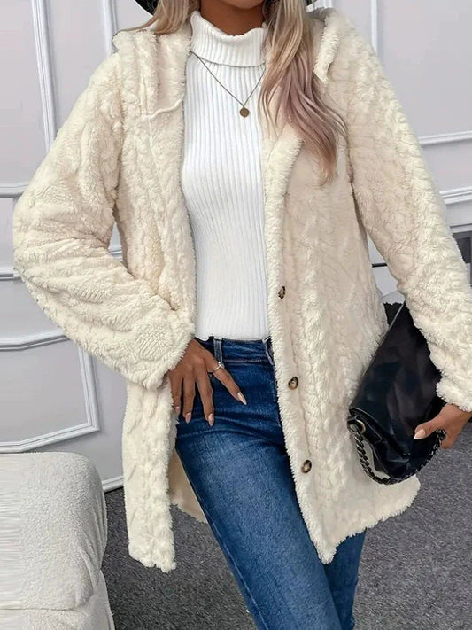 WW | Übergröße Kapuzenlange Jacke aus strukturiertem Fleece - Gemütlicher Wintermantel für legeren Stil